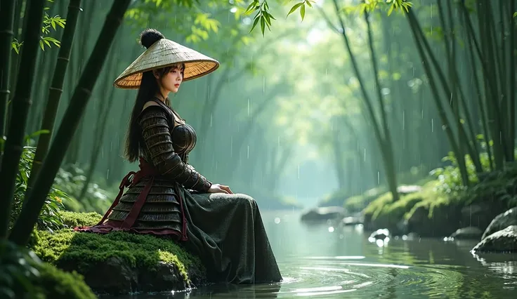 A beautiful woman front view facing camera, large breast size 4, dressed in traditional samurai armor chest open, with a straw hat, sits peacefully on a moss-covered rock by a flowing stream in a serene bamboo forest. Rain gently falls around her, adding a...