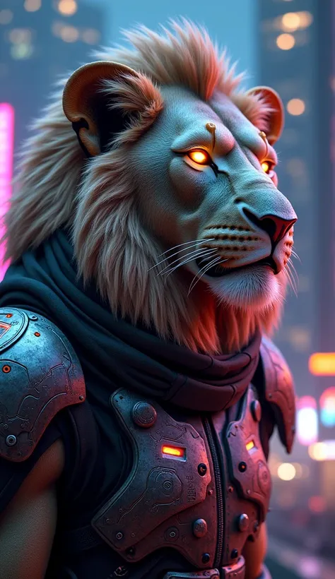 Create a cyberpunk-style lion with a blend of organic and robotic features. The lions face should be partly metallic with glowing neon eyes and futuristic details, such as circuits and lights integrated into its design. The mane should look realistic but e...