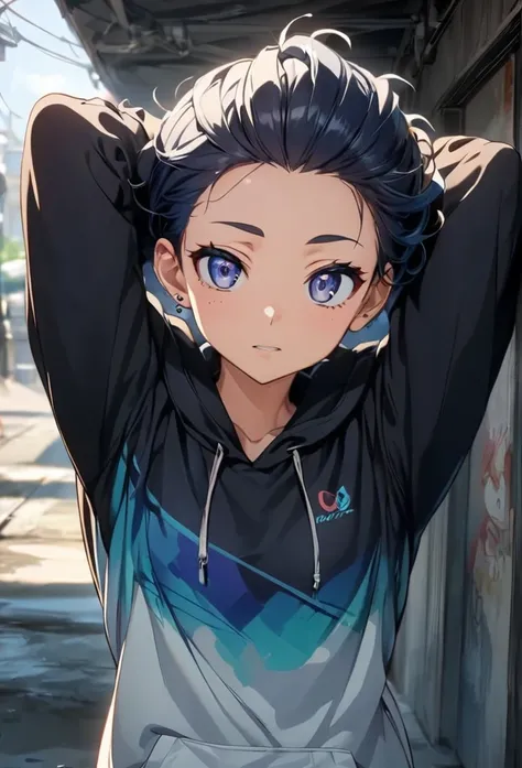 1 ,Alone,Front view of the front observer,short hair,Hair slicked back,dark blue eyes,hands behind head, messy hair,(Dark eyes),(nice girl),(piercing blue eyes),(Color Dark),(hooded cloak) work of art, best quality, high quality, detailed, tomboy, anime