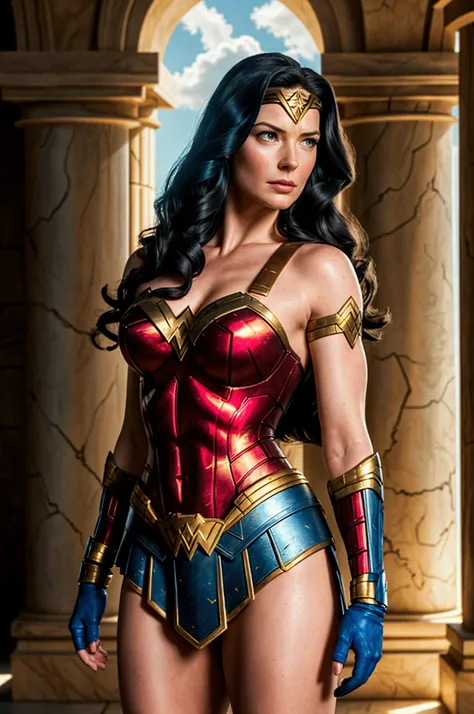 ACTRESS BRIDGET REGAN AS A BEAUTIFUL BOMBSHELL WONDER WOMAN (( DC COMICS)), HUGE LONG BLACK HAIR, HIGH CHEEKBONES, ROSY CHEEKS, EYES LOOKING TO CAMERA, LOOKING TO VIEWERS, SERIOUS FACE EXPRESSION, NORSE FEMALE BEAUTY, PALE SKIN, TRADITIONAL BLUE RED COSTUM...