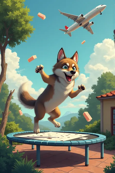 A wolf jumping on a trampoline laying on a giant bandage on his garden terrace and hitting his head on a plane and a bar of soap falling from the sky