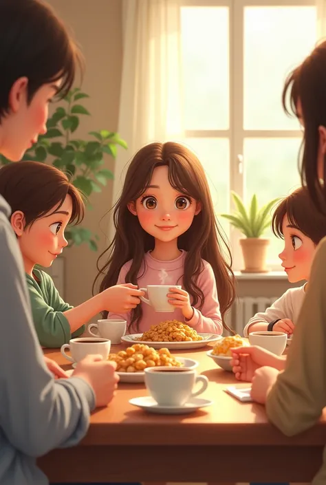 Beautiful girl with wavy long brown hair , 12 years ,  having breakfast with mom dad sister brother 
