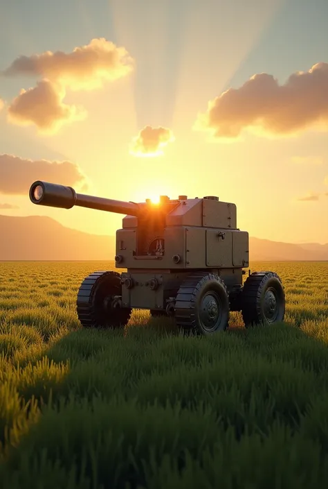 sunrise, green field, artillery on wheels without people