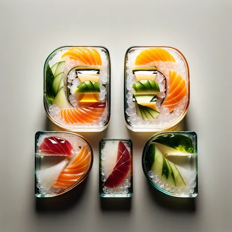 Food photography photo of crystal sushi rolls, perfect character, maximum detail, foreground focus, crystal，Simple background