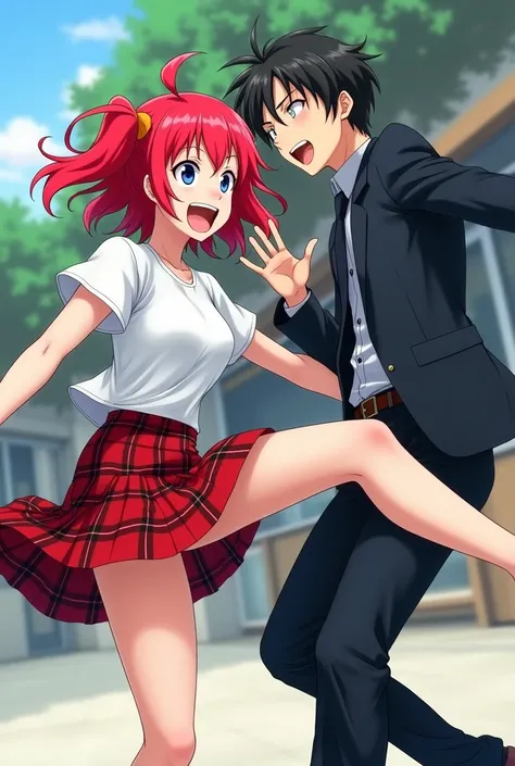 anime girl in Red hair in Red Plaid skirt and White short sleeve shirt putting and is kicking a male student in a suit in the butt