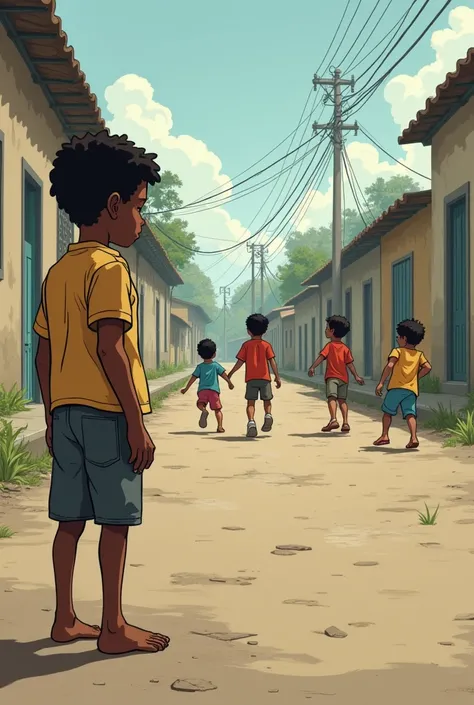 Poor dark-skinned barefoot boy watching little kids playing soccer on the street cartoon

