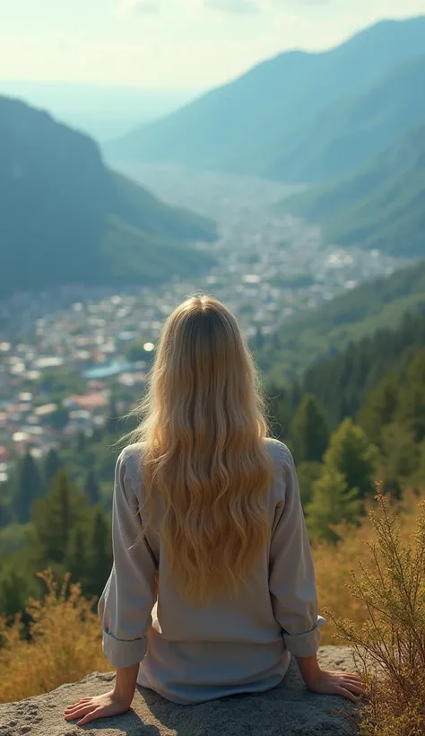 a girl, age 19, blonde long hair, sitting alone with a city view from a mountain area, beautiful panorama, vivid colors