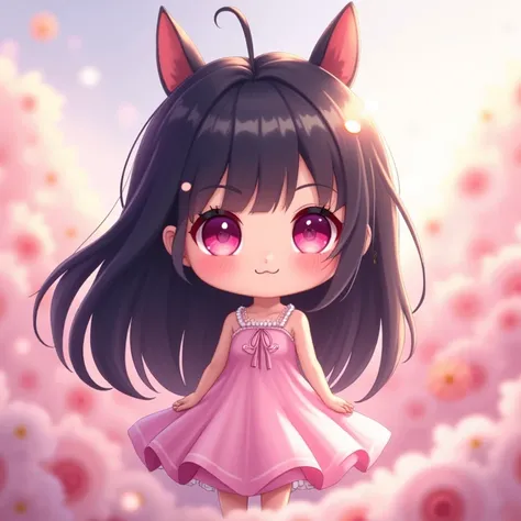 Chibi Character,High image quality,,Long Hair,Black Hair,Pink eyes,Slanted Eyes,cute,Fluffy atmosphere,Landmine girl,Light pink dress