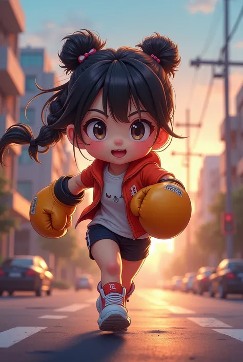 Chibi female character in anime style、Boxing gloves、Sportswear、Natural light for evening movies、Running around town, evening、The city at dusk