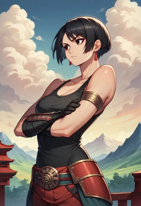 Namaari, short black hair, black eyes, makeup, NamGear, jewelry, earrings, armlet, bare shoulders, gloves, pants, tank top, belt, armor, standing, crossed arms, serious, upper body, asian temple, mountains, clouds, (insanely detailed, beautiful detailed fa...