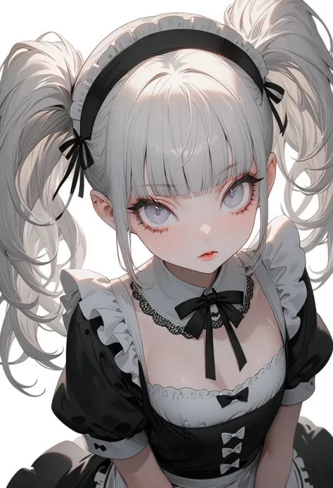 (Best Quality,Very detailed,High resolution:1.2),Albino beautiful girl，Twin tails，Heavy bangs，Long eyelashes, Maid uniform，Cool look, Shot from above，Gothic Background