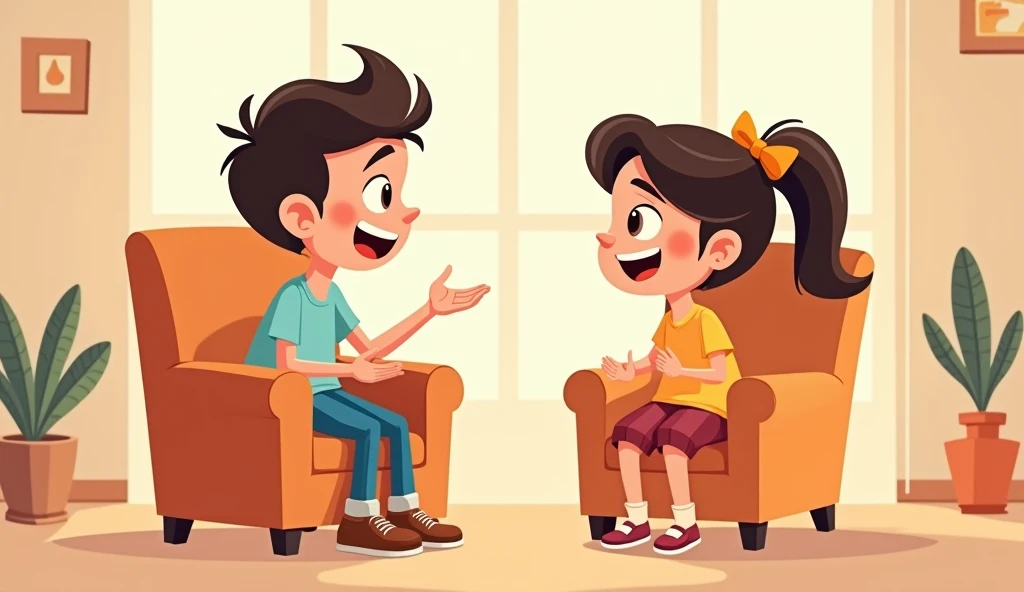 Boy and girl sitting in chair talking to each other cartoon images 