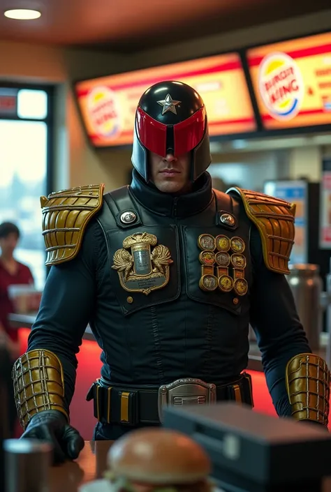 Judge Dredd working at Burger King behind the counter 