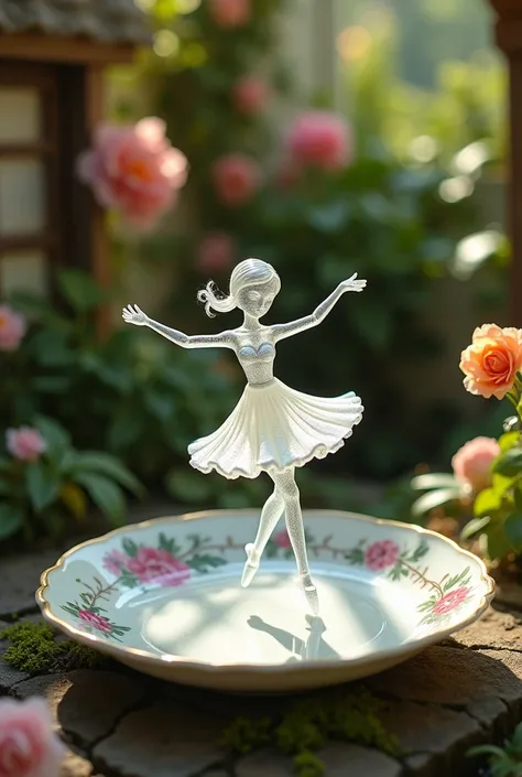 A delicate miniature girl-like figure, fashioned from colorful glass, twirling on an intricately painted porcelain plate, set in a quaint, fairy-tale garden with vibrant flowers and ivy- covered walls. The plates ornate designs add a touch of elegance, whi...