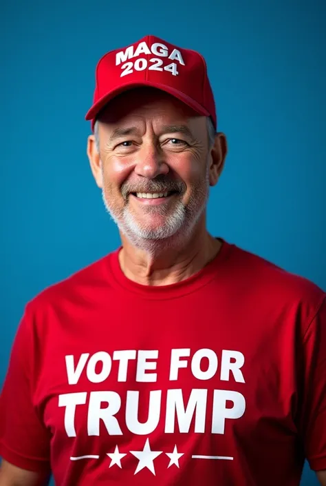 In blue background Tom Hanks wearing MAGA red hat with words “MAGA 2024” in it and also wearing red shirt with words : “Vote for Trump” in it. Make it in high quality picture.