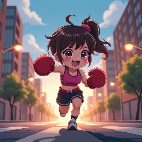 Chibi female character in anime style、Boxing gloves、Sportswear、Natural light for evening movies、Running around town, evening、The city at dusk