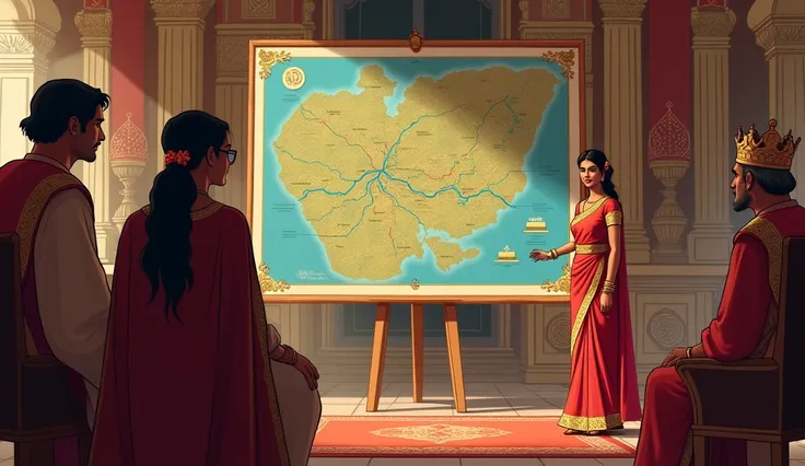 Arohi princes Proposes the River Restoration Plan**:
   Arohi presents her findings to the king. Both stand before the royal court, with advisors listening carefully. A large map of the kingdom is displayed, highlighting the forgotten river. King Chandrase...