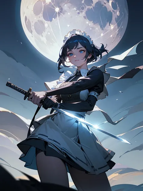 A beautiful girl in a maids outfit, detailed face, captivating eyes, lovely smile, holding a sword, thrusting sword at the moon, moonlit night, fantasy landscape, detailed foliage, dramatic lighting, cinematic composition, digital art, highly detailed, 8k,...