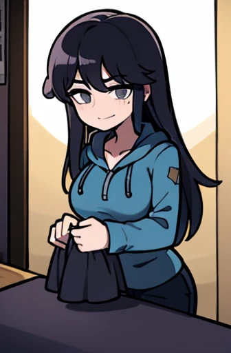 doctor, black hair, dark black eyes, middle breasts, masseuse, tired smile, standing, cyan hoodie, dark eyes