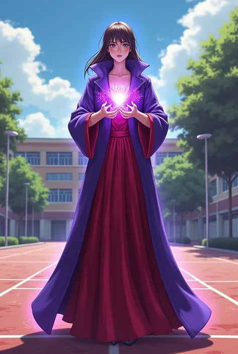 
In the expansive school playground, the powerful female secretary stands as a multifaceted guardian. Dressed in a striking purple and red gown that blends elegance with practicality, her outfit is both commanding and functional. The dress, while vibrant a...