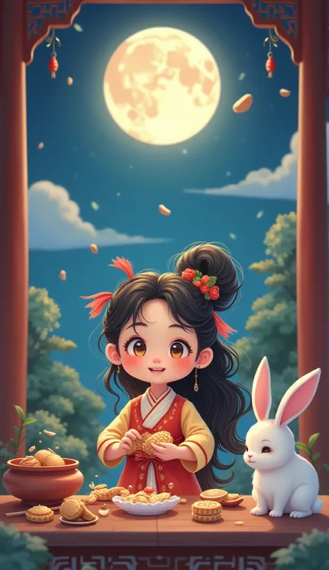 .[dark，moon,garden pavilion,Cute and stupid Chinese style ,flowing long hair,hair accessories,Dress colorfully、Exquisite medieval clothing,to rabbit,Make mooncakes,tea,With a naughty smile on his face,looking at moon