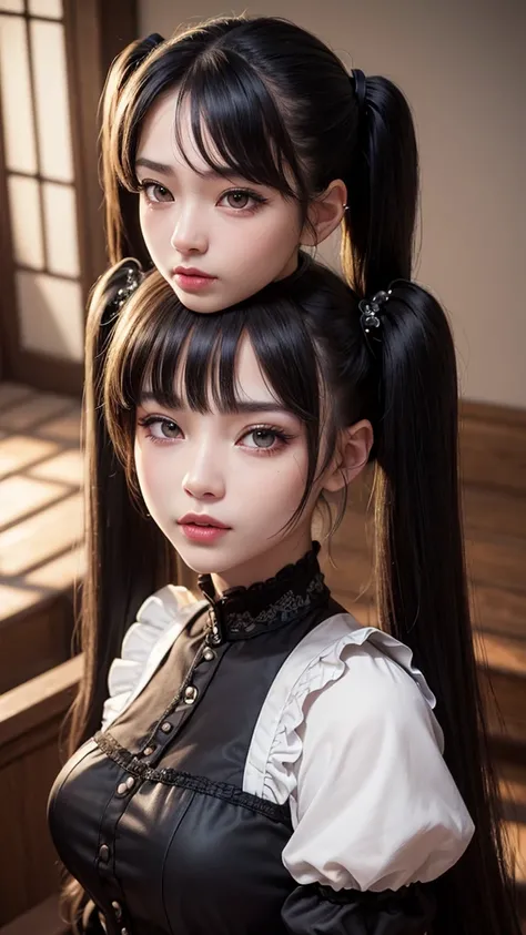 ((top-quality、in 8K、​masterpiece:1.3, Photorealsitic:1.4, underground room, Realistic human skin)), standing, full body, Japanese high school  girl, 1 female, A dark-haired, With bangs, Medium-sized breasts, ((Gothic lolita, maid clothes, twintails hairsty...