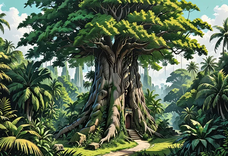 ((top view)), thick tree trunk,
((large green tree crown)), giant tree, tropics, forest, palm trees, graphic style of novel comics, perfect hands, 2d, 8k, hyperrealism, masterpiece, high resolution, best quality, ultra-detailed, super realistic, Hyperreali...