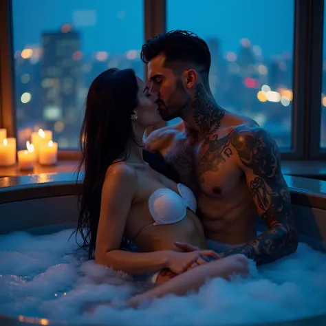 A beautiful woman with long jet black hair, white skin, European features, small waist, large breasts and provocative curves of hydrated lips is in a jacuzzi with a handsome manly man with black hair, a straight jaw, broad shoulders and muscles with many t...