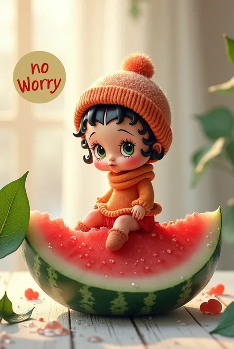 Baby Betty boop in winter red and orange color dress, a wool hat, baby betty boop is sitting on the half cut watermelon waterdrops on the top, side of the watermelon a leaf in wet is on the top of baby betty boop, another leaf with water drops on the left,...