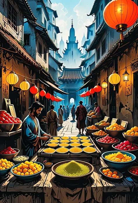 
trading stall with offerings to the temple,graphic style of novel comics, perfect hands, 2d, 8k, hyperrealism, masterpiece, high resolution, best quality, ultra-detailed, super realistic, Hyperrealistic art, high-quality, ultra high res, highest detailed,...