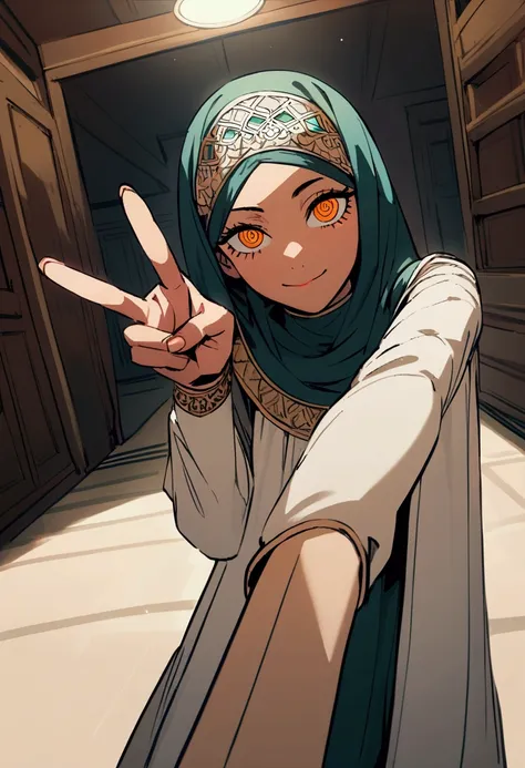 power from chainsaw man, selfie, peace sign, detailed eyes, hijab,  arabic clothes, perspective.