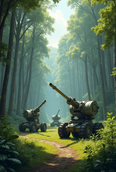 forest in the background, artillery on wheels without people