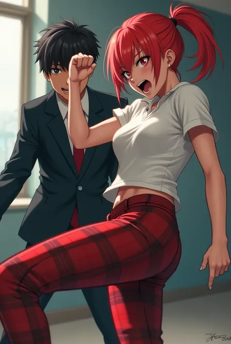 Angry anime girl in Red hair in Red Plaid pants and White short sleeve shirt putting and is kicking a male student in a suit in the butt as he cries 