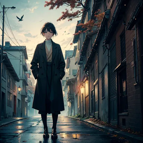 anime girl, walking alone on a melancholic street, autumn leaves falling, nostalgic atmosphere, soft lighting, vintage tones, surreal dream-like elements, Franz Kafka inspired, introspective pose, cityscape background, twilight sky with muted colors, emoti...