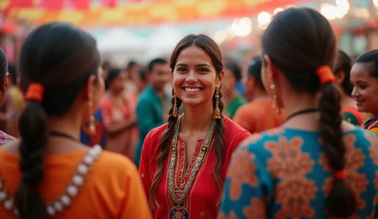 At events where people from different cultures come together, a mediator promotes communication across language barriers. Smiling, he converses with people dressed in colorful ethnic costumes.