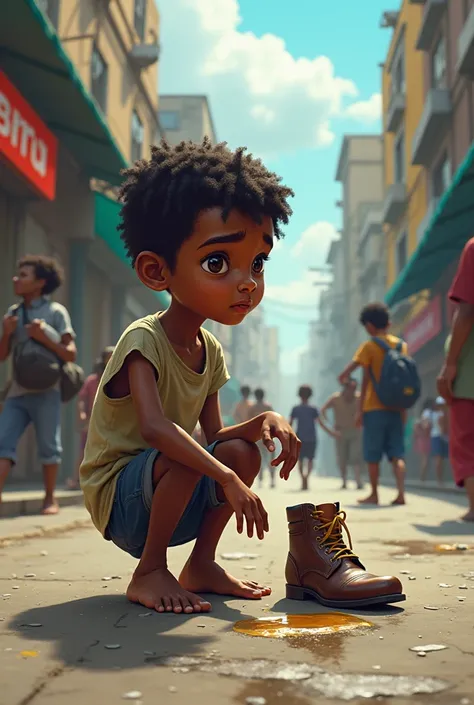 Poor little dark-skinned barefoot boy shining shoes for people he shines boots on the street cartoon 
