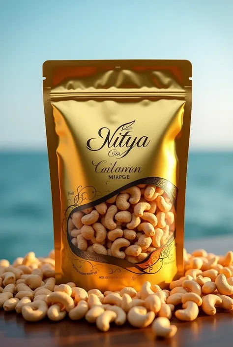 Make a pouch of 1kg which color is golden of cashew nut at ocean side view company name nitya export   Indian cartons farmers pic in pouch and cashewnut more quality 
 