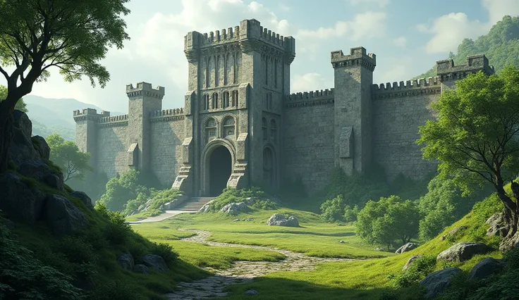 Old big fort far view with entrance wall and green nature