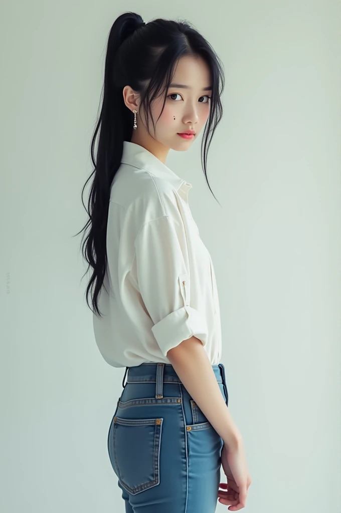 1girl, solo, black_hair, denim, jewelry, long_hair, earrings, jeans, pants, looking_at_viewer, shirt, own_hands_together, ponytail, long_sleeves, facial_mark, black_eyes, white_shirt, closed_mouth, red_lips, lips, looking_back, blue_pants, simple_backgroun...