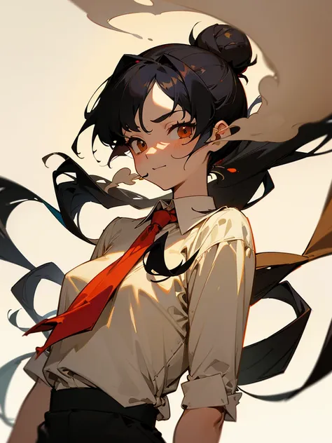 masterpiece, cafe, smoke marijuana,smoke of marijuana,delightful, cheerful, wearing white shirt and red necktie,black shorts,one ambigious gender, long hair, black hair, bang, one sidetail, one hair bun,white background, beige background, cel anime, upper ...