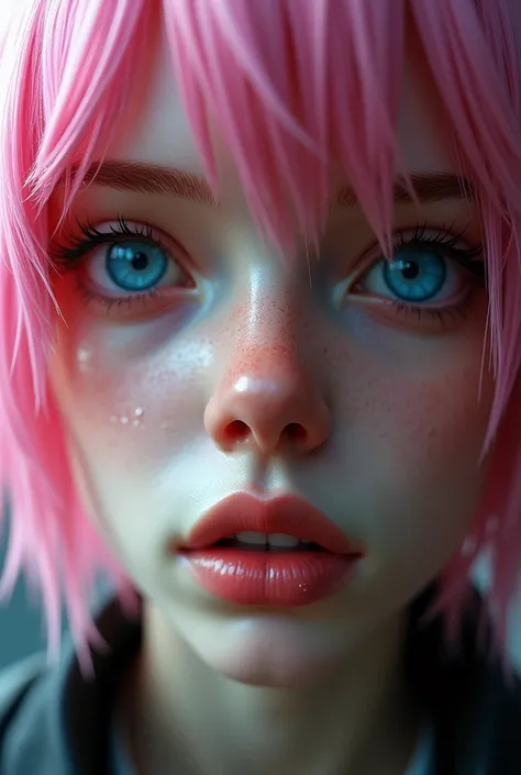 very realistic face, High detail, saliva on the lip, Blue eyes, pink hair