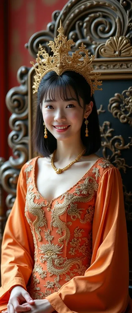 (((best quality))),(((ultra detailed))),(((masterpiece))),illustration,1 girl,solo,slim,thin,shoulder length straight bob hair,earrings,necklace,small breasts,flat chest,Asian appearance,princess,royal,Chinese palace,night scene,magnificent dragon gown,gol...