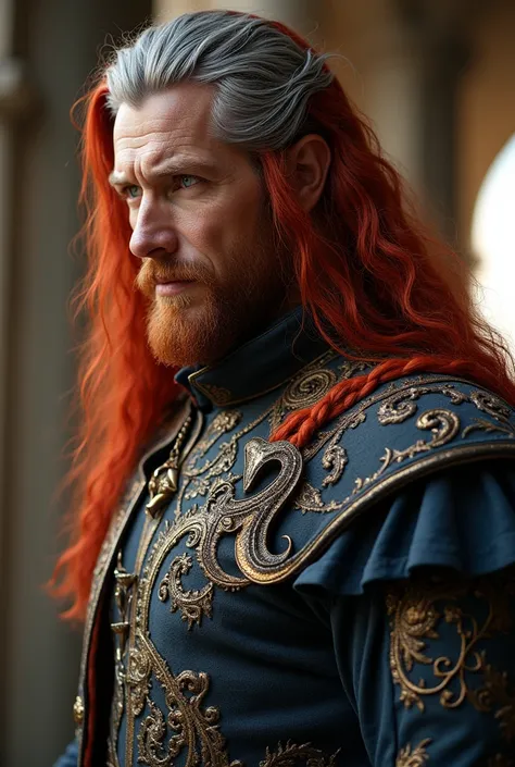 fantasy, man, with long scarlet hair with gray at the temples, beard, royal uniform, blue eyes, with dragon scales on his face, strong build, seductive, bright halls of the castle, north, had  profile