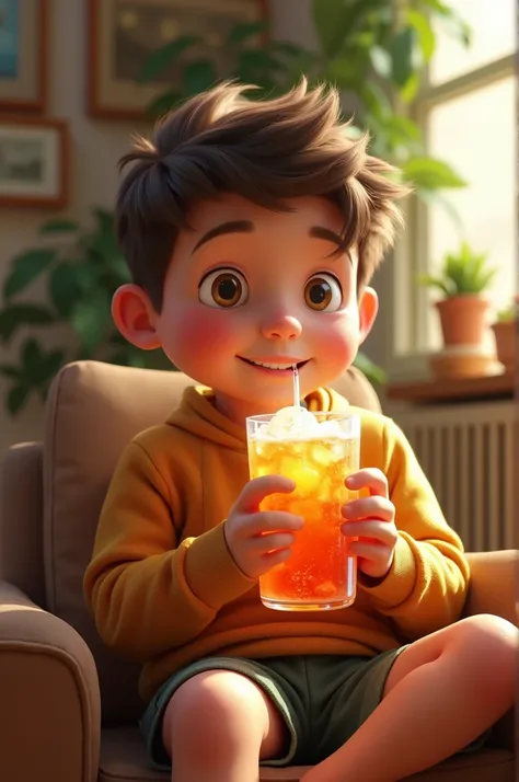 The boy Alec from the monopoly game with drinks in a liter glass