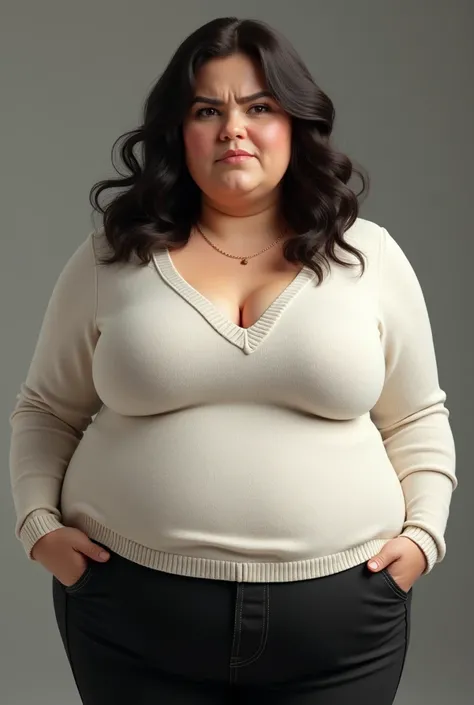 A  overweight Albanian girl she wears a white Sweater with black pants her breast is very big she has a little double chin has very big boobs fat legs and a belly she has a beautiful face but she looks annoyed she has black wavy hair 