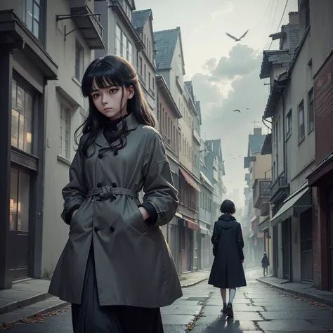 anime girl, walking alone on a melancholic street, autumn leaves falling, nostalgic atmosphere, soft lighting, vintage tones, surreal dream-like elements, Franz Kafka inspired, introspective pose, cityscape background, twilight sky with muted colors, emoti...