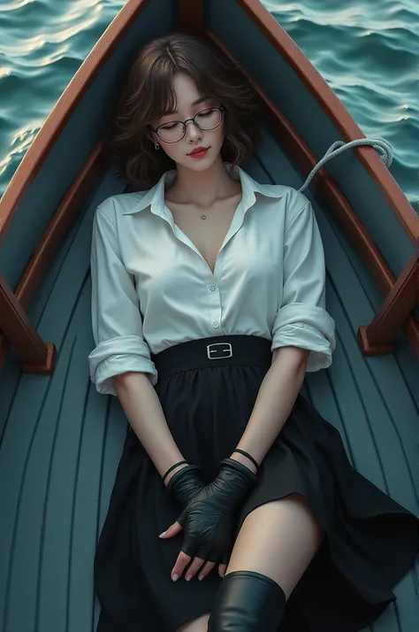 beautiful girl with glasses, wavy hair, White shirt, [black skirt, Black fingerless gloves, black boots, asleep and tied up on a boat