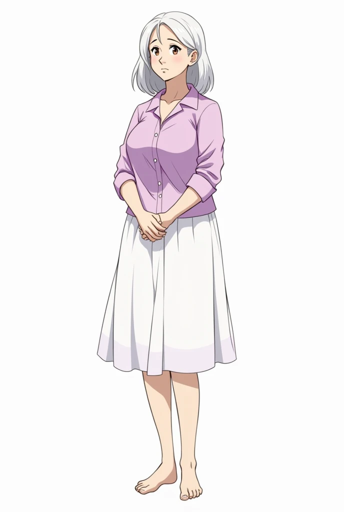 Old woman, 50 years old, wrinkles on face, big breasts, white hair, anime 