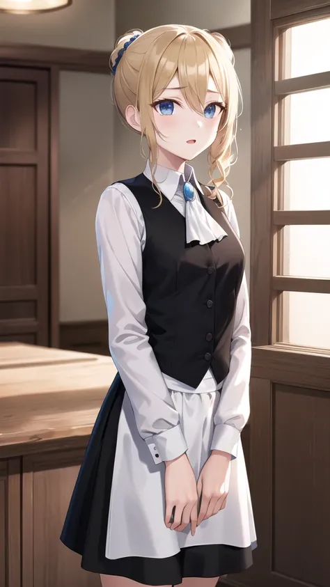 masterpiece, Highest quality, High resolution, Ah Hayasaka, Side Ponytail, Medium chest, Ascot, Collared shirt, Black vest, Long sleeve, Maid Apron, skirt, indoor, Are standing, Cowboy Cowboy Shots,