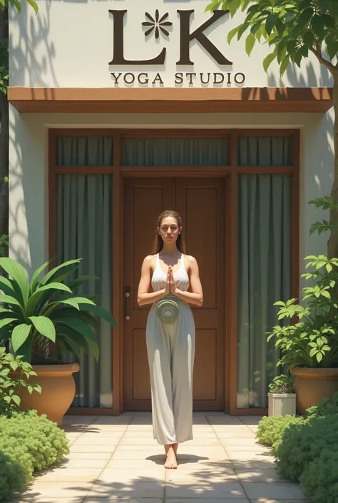 A beautiful  woman  standing  in front  of  lk yoga studio  with a yoga mat the logo lk yoga studio must be shown very very clear the girl shoud be standing with a yoga mat  no designs are needed for logo simply written the logo mus be clear
